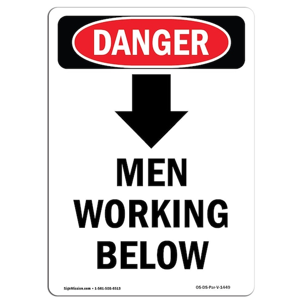 Safety Sign, OSHA Danger, 24" Height, Aluminum, Men Working Below, Portrait